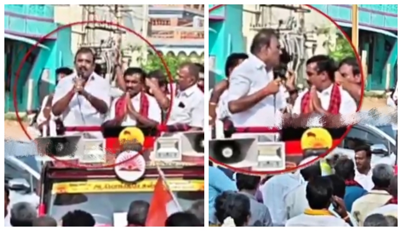 ரொம்ப கோபக்காரர் போல..! திமுக வேட்பாளருக்கு ஆதரவாக பிரச்சாரம்”..  திடீரென மைக்கால் அடிக்க ஓங்கிய திமுக தலைவர்… வைரலாகும் அதிர்ச்சி வீடியோ..!!