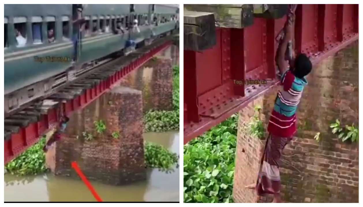 பார்த்தாலே நெஞ்சு பதறுது.. ரயிலுக்கு அடியில் தொங்கியபடி சென்ற நபர்.. ஒரு நொடி பிசகினாலும் மரணம்.. வைரலாகும் அதிர்ச்சி வீடியோ..!!