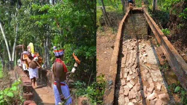வீடியோ: “சாமியை சுமந்தபோது நேர்ந்த விபரீதம்!’.. 10 அடி பள்ளத்தில் விழுந்த பக்தர்கள்..  திருவிழாவில் நடந்த சோகம்..!!