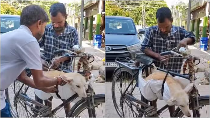 “பணம் இல்லைனா என்ன?”… அதான் பாசம் நிறைய இருக்கே… நோய்வாய்ப்பட்ட தெரு நாயை சைக்கிளில் வைத்து… வைரலாகும் நெகிழ்ச்சி வீடியோ..!!