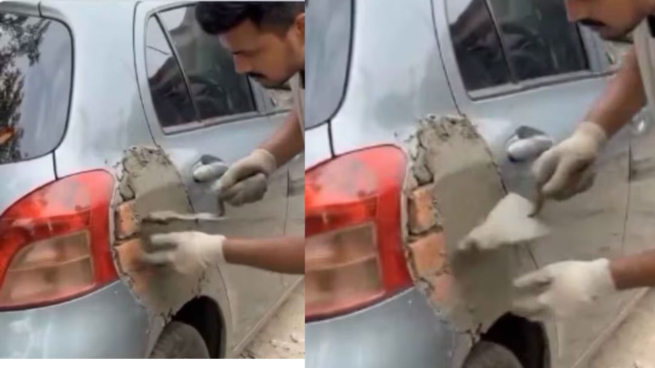 “மெக்கானிக் எதுக்கு?.. மேஸ்திரி போதாதா?”… காரில் ஓட்டை விழுந்ததால் செங்கல் வச்சு பூசிய ஓனர்… வெறும் ரூ.200 இல் முடிந்த வேலை… வைரல் வீடியோ…!!!
