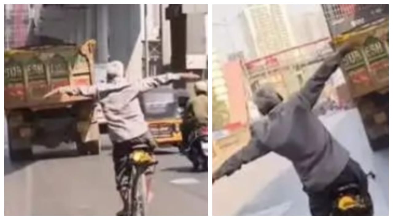 வயசான காலத்துல இது தேவையா தாத்தா..! நடு ரோட்டில் வாகனங்களுக்கு நடுவே பறவை போல சைக்கிளில் பறந்த முதியவர்.. கொஞ்சம் ரிஸ்க் தான்.. ஆனாலும் துணிச்சல்தான்.!