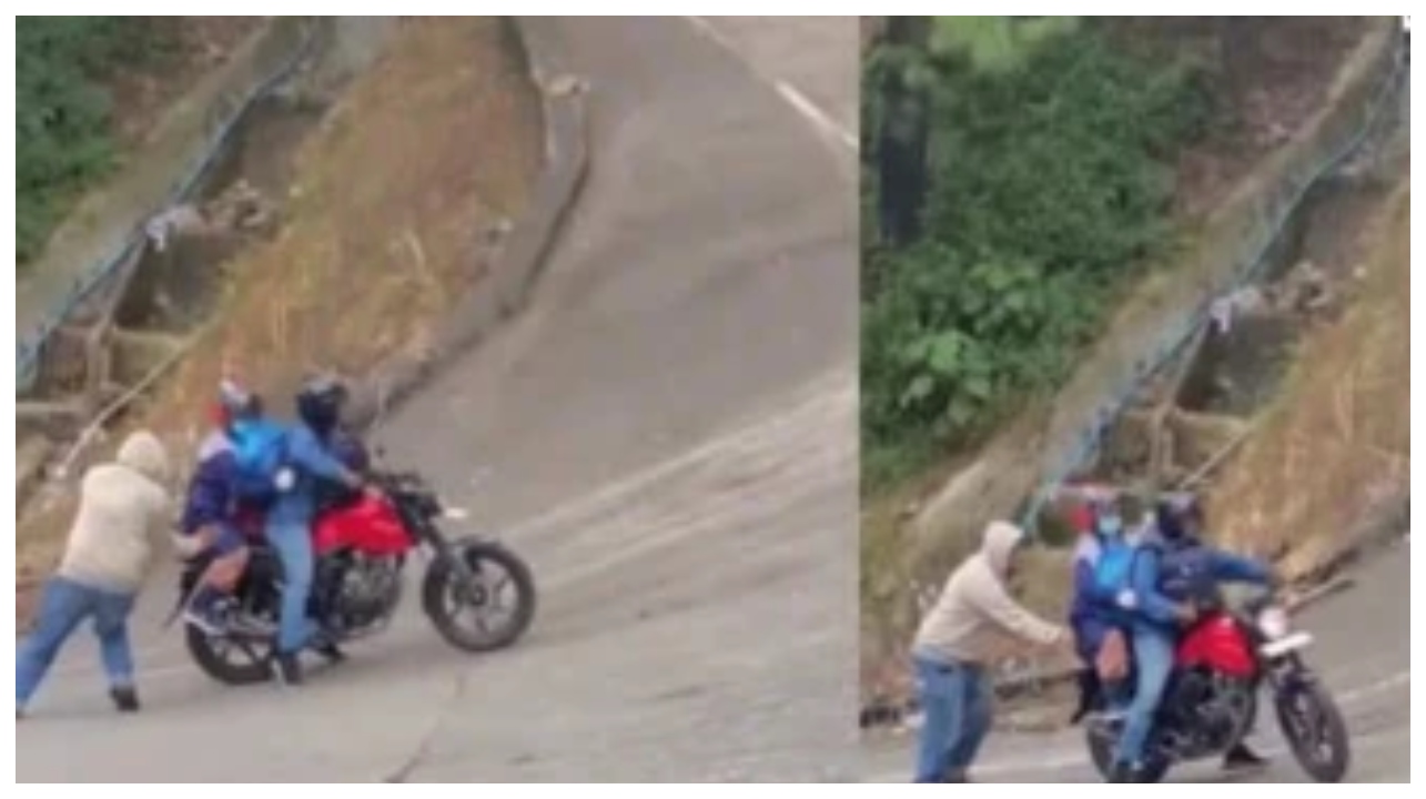 செங்குத்தான ரோட்டில் பின்னோக்கி சரிந்த பைக்… சட்டென உயிரை பணையம் வைத்து பைக் பயணிகளை மீட்ட நிஜ உலக ஹீரோ… வீடியோவை பார்த்து உருகும் நெட்டிசன்கள்…!!!