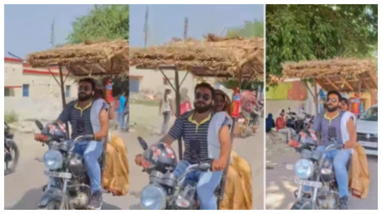 வெயில் தாங்க முடியலப்பா.. பைக்கில் இப்படி எல்லாம் செய்யலாமா?… இணையத்தில் வைரலாகும் விசித்திரமான வீடியோ..!!!