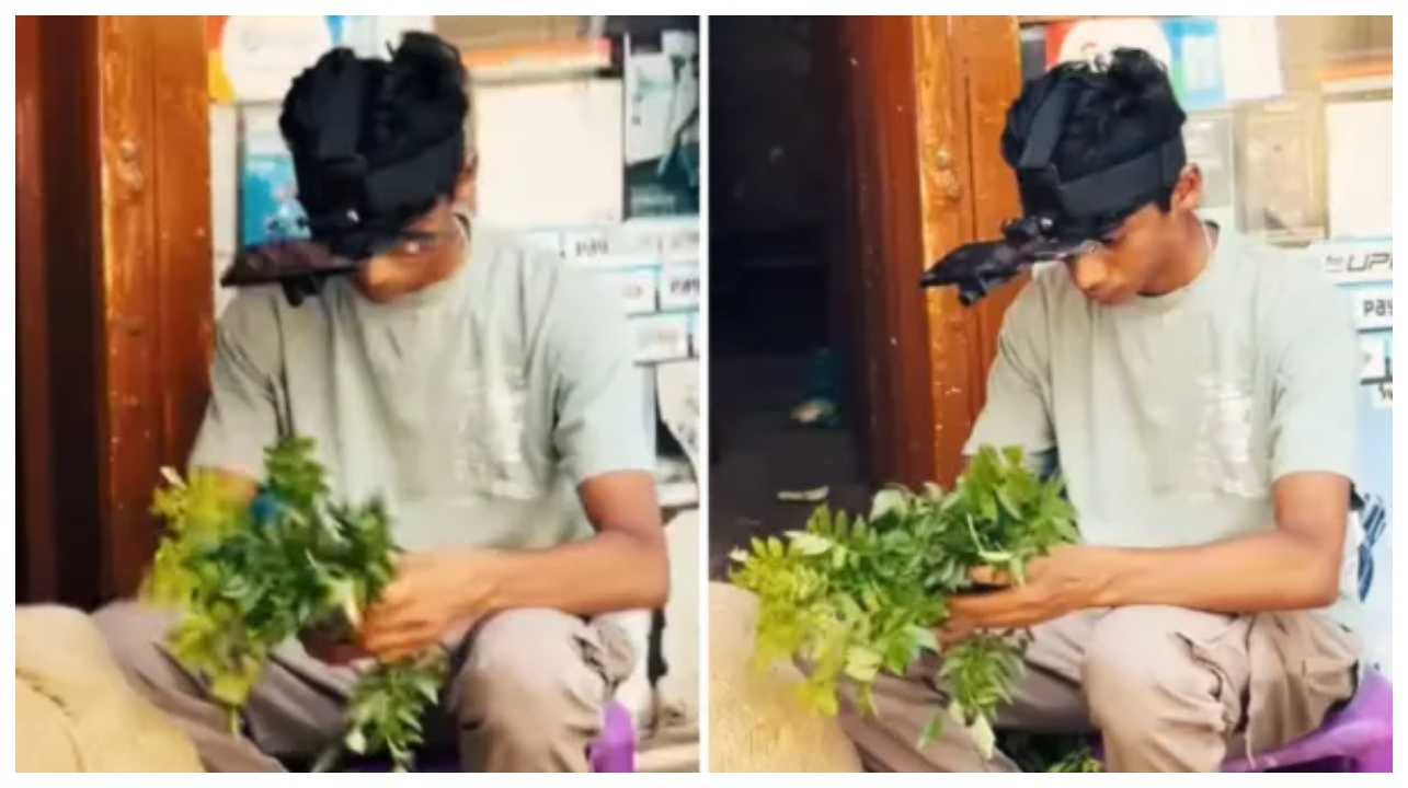 நெற்றியில் மொபைலை கட்டிக்கொண்டு காய்கறி விற்கும் நபர்… சம்பாதிக்கும் தொகையை கேட்டால் தலை சுற்றும் – வைரல் வீடியோ…!!!