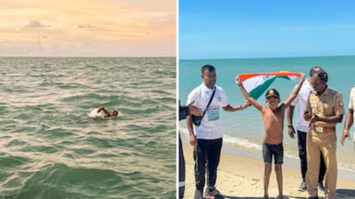 “நீச்சல் குளமல்ல.. நீலக்கடல்!”.. 29 கி.மீ தூரத்தை 10 மணி நேரத்திற்குள் கடந்த இந்திய சிறுவன்… உலகையே திரும்பி பார்க்க வைத்த சாதனை..!!!