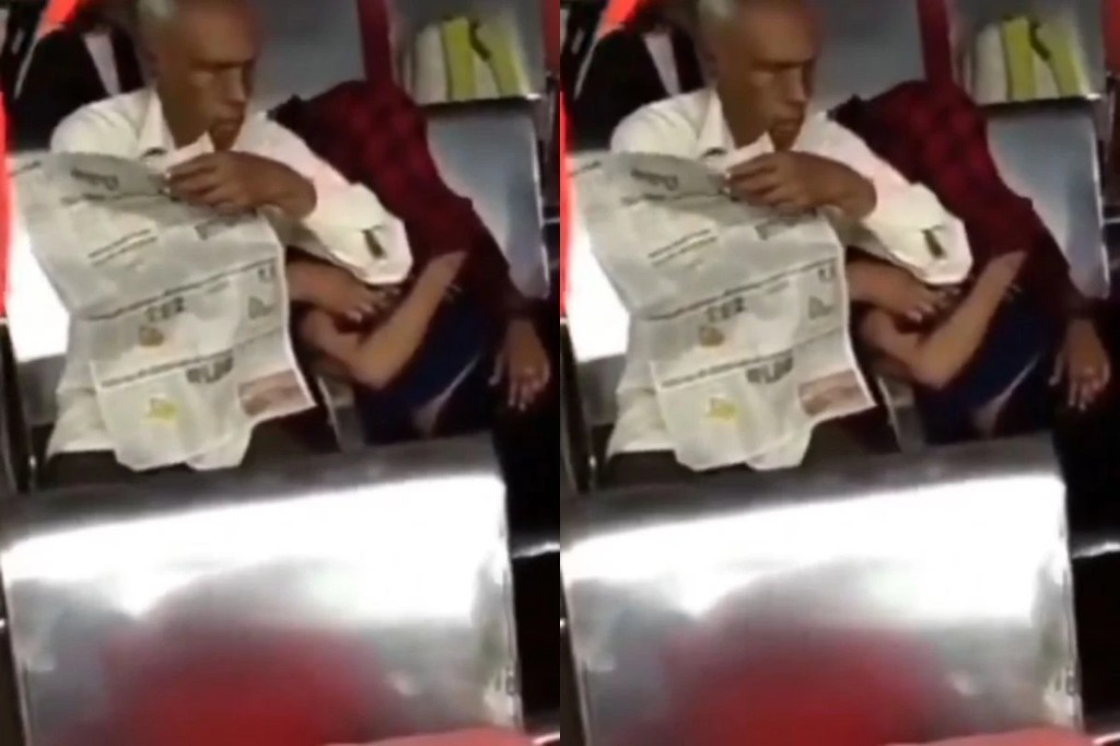 அசந்து தூங்கிய பெண்..! பொண்ணு வயசுன்னு கூட பாக்காம நியூஸ் பேப்பர் மறைவில் ஆபாசமாக தொட்டு அத்து மீறிய தாத்தா… முகம் சுளிக்க வைக்கும் கொடூர வீடியோ..!