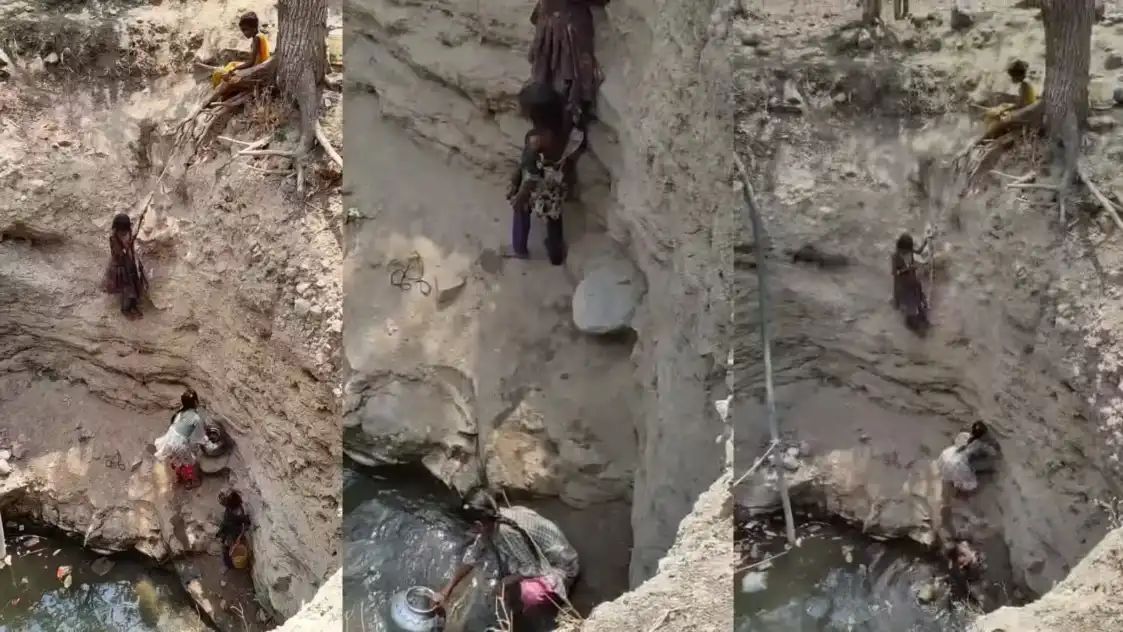 “தவறி விழுந்தா உயிரே போயிடும்” தண்ணீருக்காக பள்ளத்தில் இறங்கும் சிறுமிகள்…. உலகையே உலுக்கிய அதிர்ச்சி வீடியோ….!!