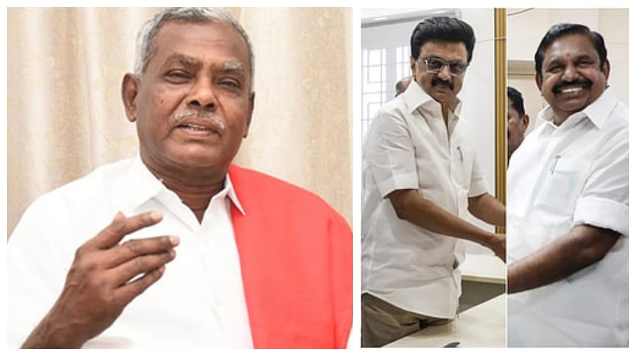தமிழக அரசியலில் மெகா டுவிஸ்ட்..! “ஒரே கட்சியாக இணையும் திமுக-அதிமுக”.. புது குண்டை தூக்கிப்போட்ட பெ. சண்முகம்… ரூட் மாறுதே…!!