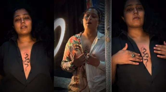 “மார்புக்கு மத்தியில் சீறும் பாம்பு டாட்டூ…!” சட்டையைத் திறந்து செம்ம மாஸ் போஸ் கொடுத்த சீரியல் நடிகை….  இன்ஸ்டாகிராமில் டிரெண்டாகும் வைரல் போட்டோ….!!
