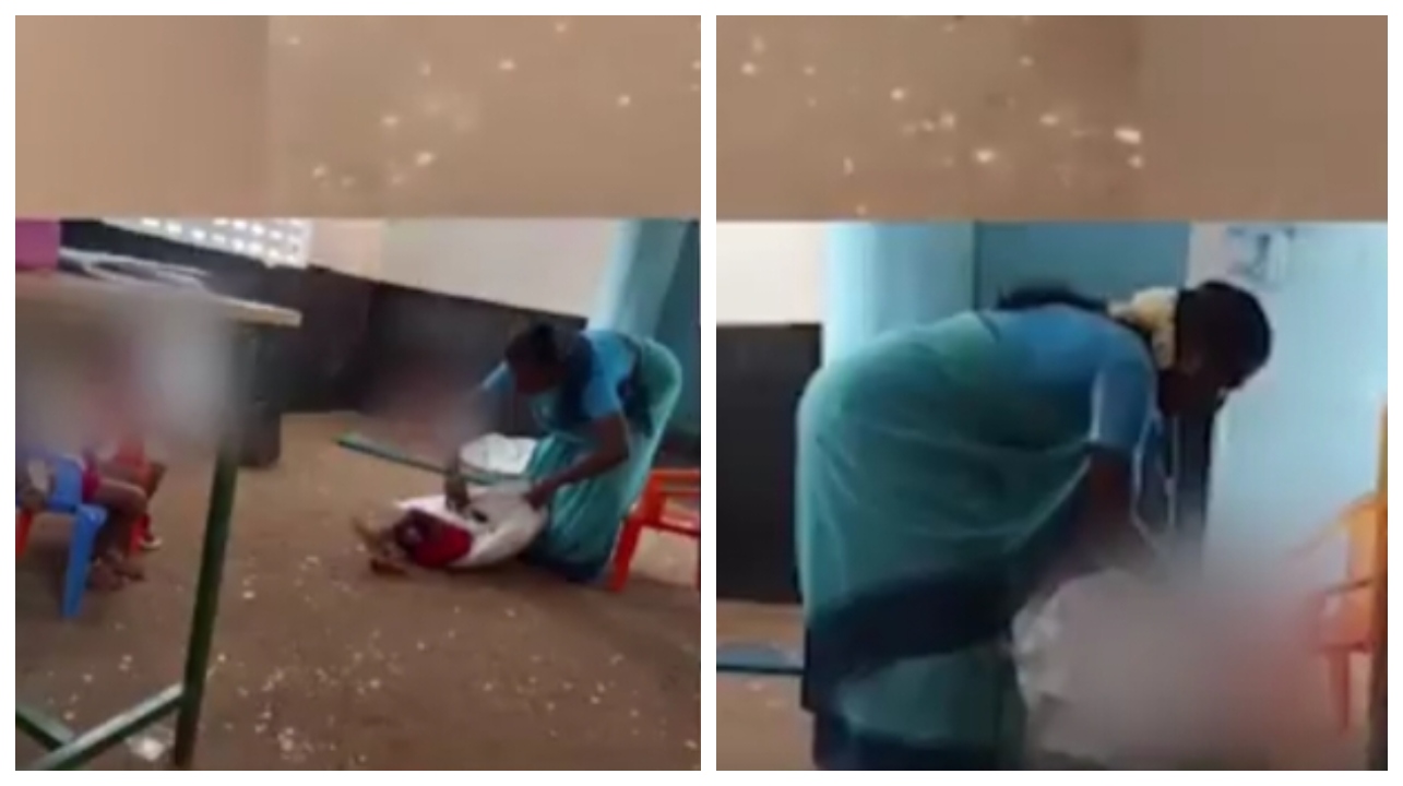 காலையிலேயே நடுங்கிய தமிழகம்…! “அங்கன்வாடியில் அழுத குழந்தையை மிரட்ட சாக்கை கொண்டு மூடிய ஊழியர்”… பகீர் வீடியோ…!!