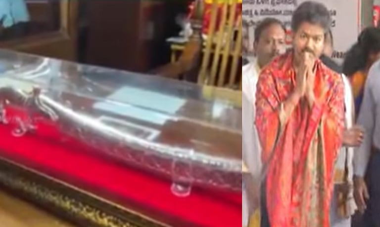 1.5 கிலோ எடையுள்ள வெள்ளி வாளை கொல்லூர் மூகாம்பிகைக்கு காணிக்கையாக வழங்கிய முதல்வர் விஜய்..! வழிபாடு முடிந்ததும் காரை அவரே ஒட்டியதால் வியப்பு… வைரலாகும் வீடியோ..!!