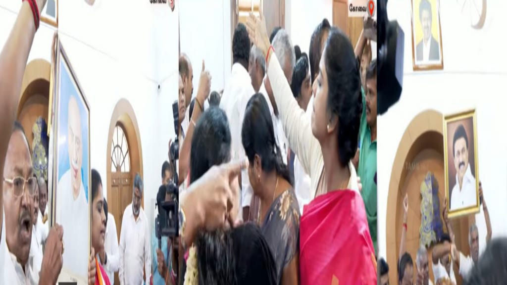 “முதலமைச்சர் விஜய் படத்துக்குப் பக்கத்துல இவரோட படம் தான் இருக்கணும்!” மேயர் இருக்கையை முற்றுகையிட்ட காங்கிரஸ் கவுன்சிலர்கள்.. கோவையில் அரங்கேறிய பரபரப்பு..!!