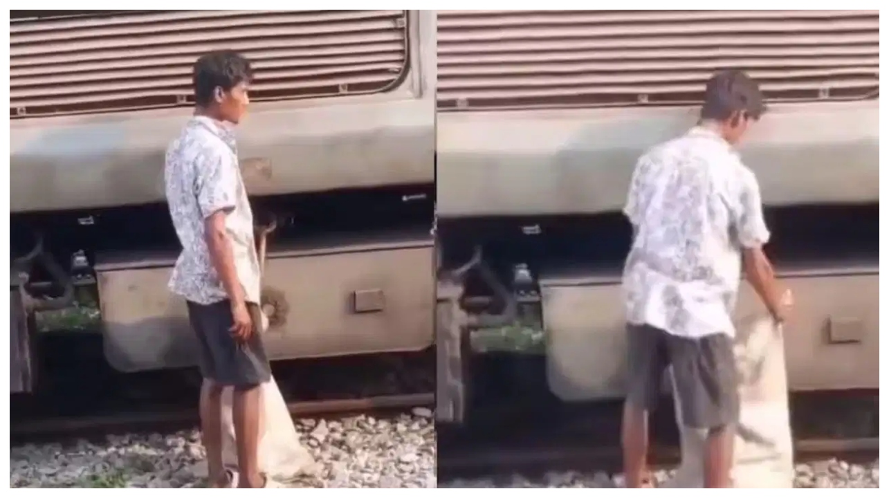 “இப்படியுமா திருடுவாங்க?”.. இது நம்ம லிஸ்ட்லயே இல்லையே.. நடுவழியில் நின்ற ரயில்.. சாக்குப்பையோடு வந்த மர்ம நபர்.. வைரலாகும் வீடியோ…!!!