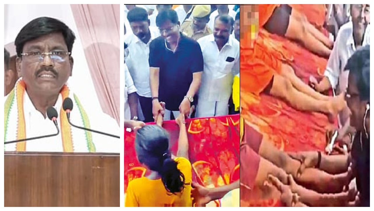 வெடித்தது சர்ச்சை..! சிறுமிகளின் கால்களை தொட்ட காங்கிரஸ் அமைச்சர்… கொந்தளித் அரசியல் கட்சி தலைவர்கள்.. அரசு பள்ளியிலேயே இப்படியா..?