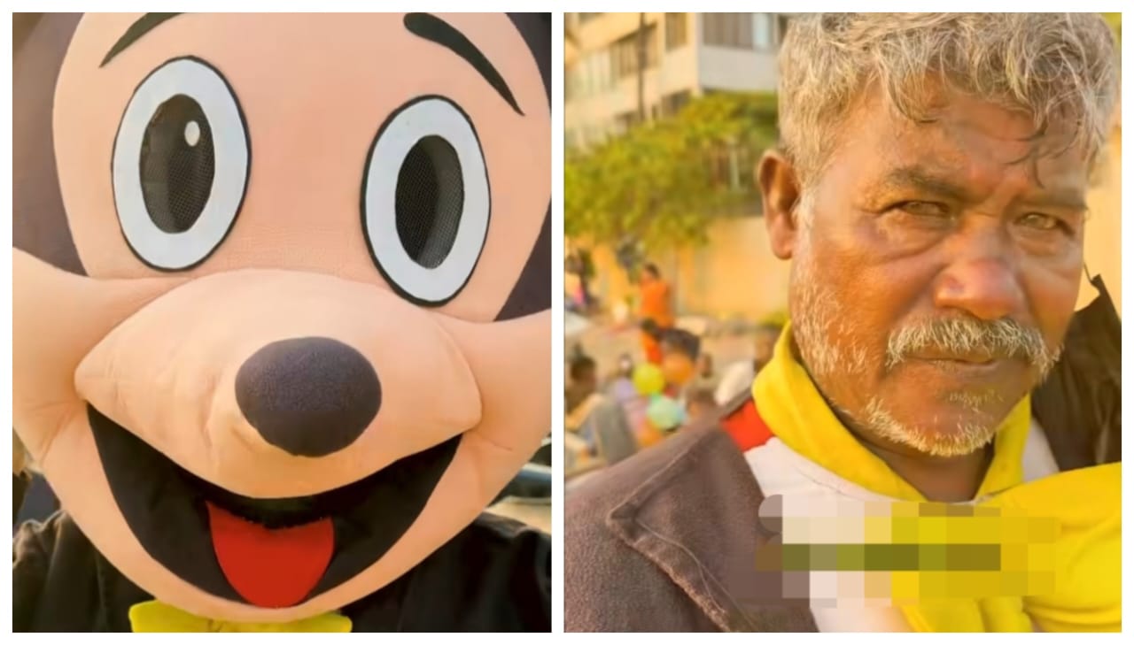 75 வயசு ஆகிட்டு..! ஒருத்தரும் வேலை தரல.. வெயிலிலும் வியர்வையிலும் மிக்கி மவுஸ் டிரஸ் போட்டுட்டு பீச்சில் வலம் வரும் தாத்தா.. கண்ணீர் வர வைக்கும் வீடியோ..!!!