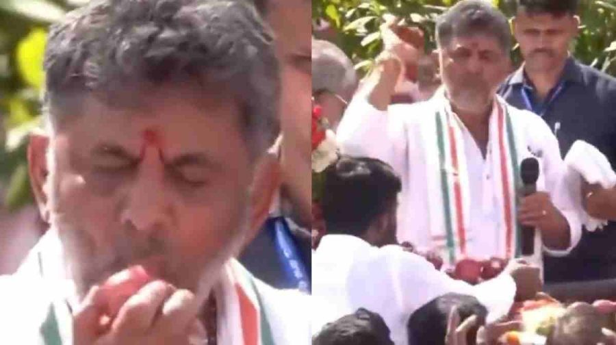 வெடித்தது புது சர்ச்சை..! “ஆப்பிளைக் கடித்து  வீசிய  கர்நாடக சிஎம் டி.கே.சிவகுமார்”.. அதை போட்டிப் போட்டுப் பிடித்த தொண்டர்கள்.. இணையத்தில் வைரலாகும் வீடியோ..!!