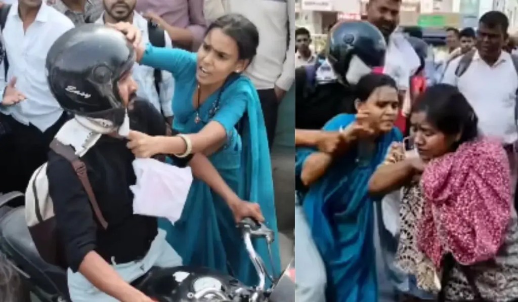 நீ ஃபர்ஸ்ட் ஹெல்மெட்டை கழட்டுடா..! “பைக்கில் கள்ளக்காதலியோடு ரைடு போன கணவன்”.. பாய்ந்து வந்த மனைவி… தலைமுடியைப் பிடித்து இழுத்து அடிதடி.. வைரல் வீடியோ..!!