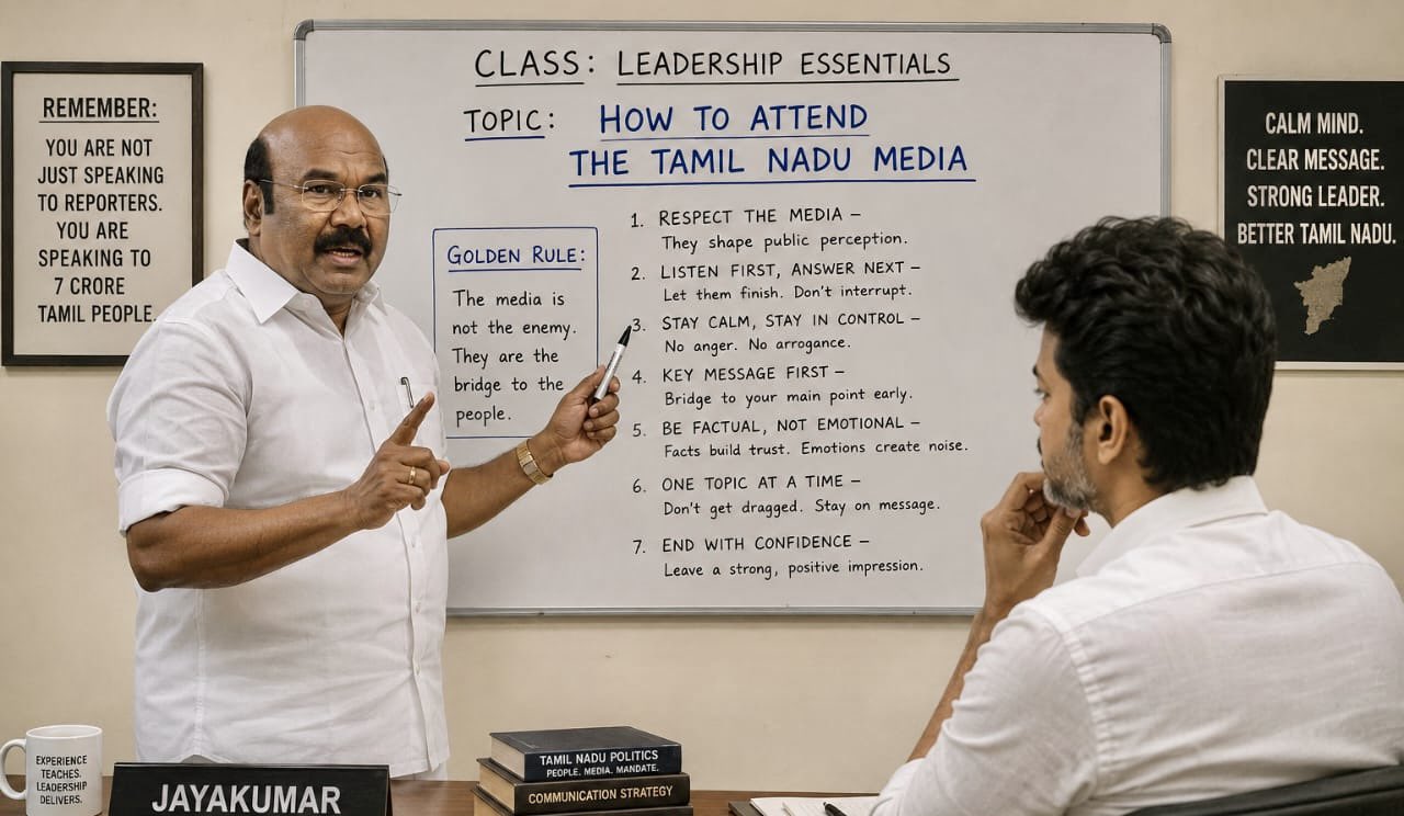 மீடியாவை சந்திப்பது எப்படி…? “ஃபர்ஸ்ட் இத கத்துக்கோங்க”… டீச்சராக மாறி CM விஜய்க்கு பாடம் சொல்லிக்கொடுத்த அதிமுக ஜெயக்குமார்..‌ இப்படி கலாய்ச்சிட்டாரே..!!