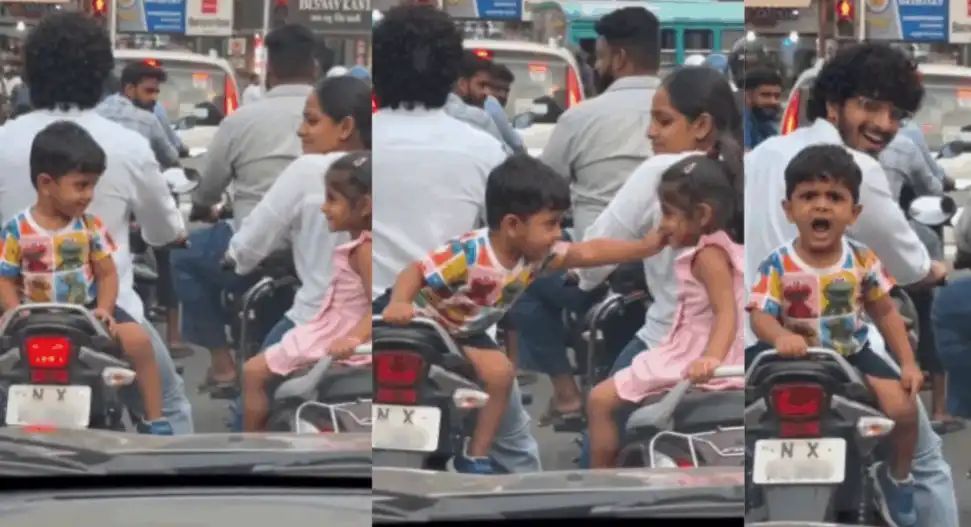 “ஐயோ…. யாருடா அது டைமிங்ல ஹார்ன் அடிச்சது?”  சிக்னலில் குட்டி காதலனின் அட்ராசிட்டி…. வைரலாகும் கியூட் வீடியோ….!!