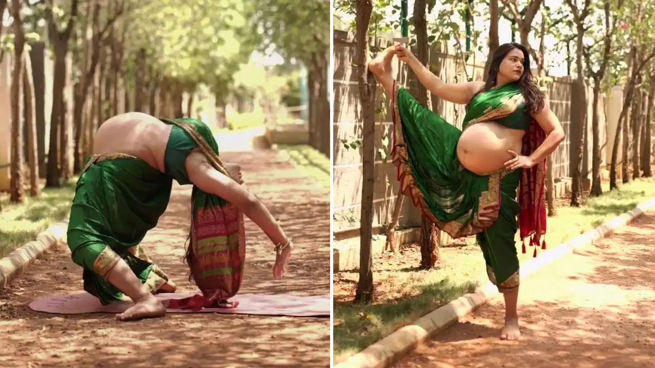 பார்த்தாலே நடுங்குது..! 39 வார கர்ப்பம்.. பட்டுப் புடவையில் மிரட்டலாக யோகாசனம் செய்த கர்ப்பிணி பெண்… வாயடைக்க வைத்த வீடியோ…!!!