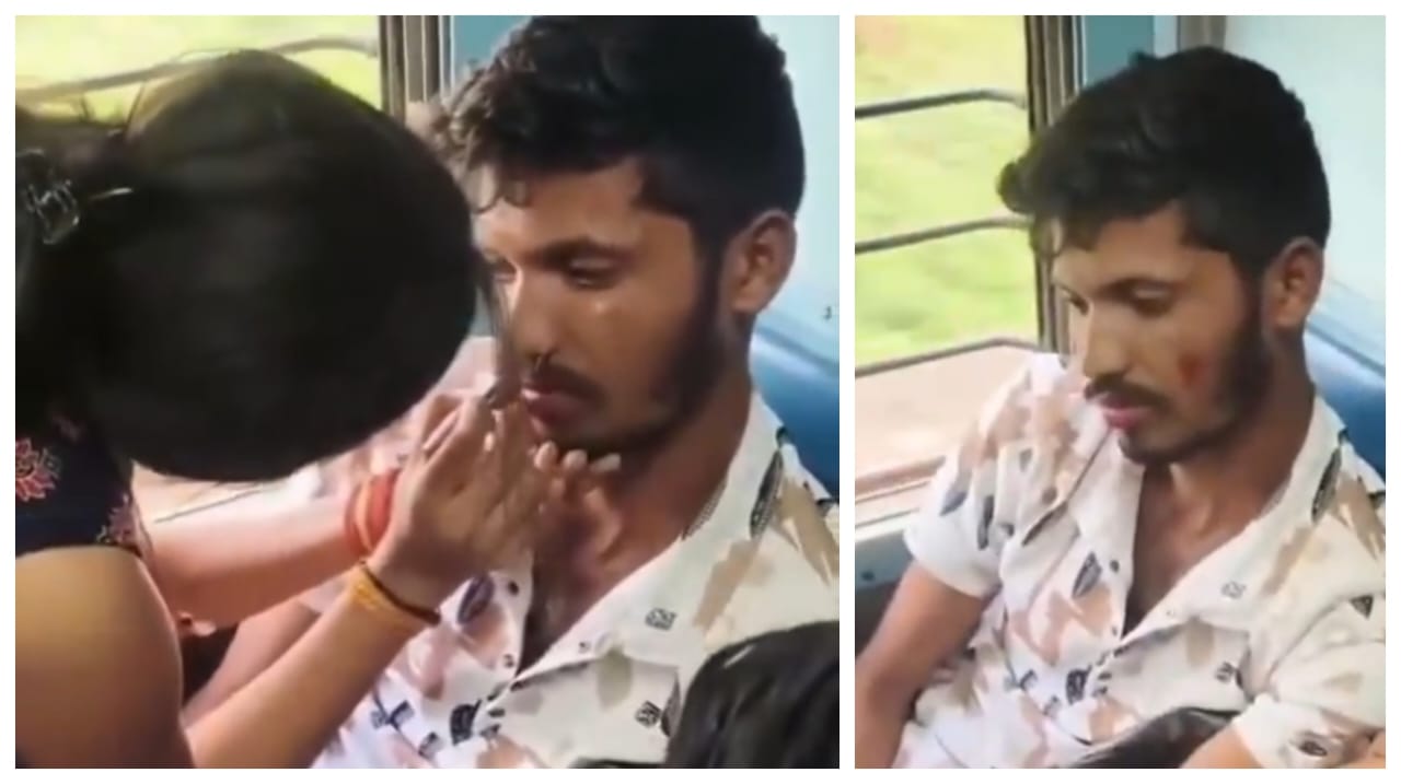 எம்புட்டு தைரியம் இருந்தா என்கிட்டயே வாலாட்டுவ..? உதட்டில் லிப்ஸ்டிக் பூசி மேக்கப் போட்டு வாலிபரை அசிங்கப்படுத்திய பெண்.. ஓடும் ரயிலில் அத்து மீறியவருக்கு சம்பட்டி அடி… வீடியோ வைரல்..!!