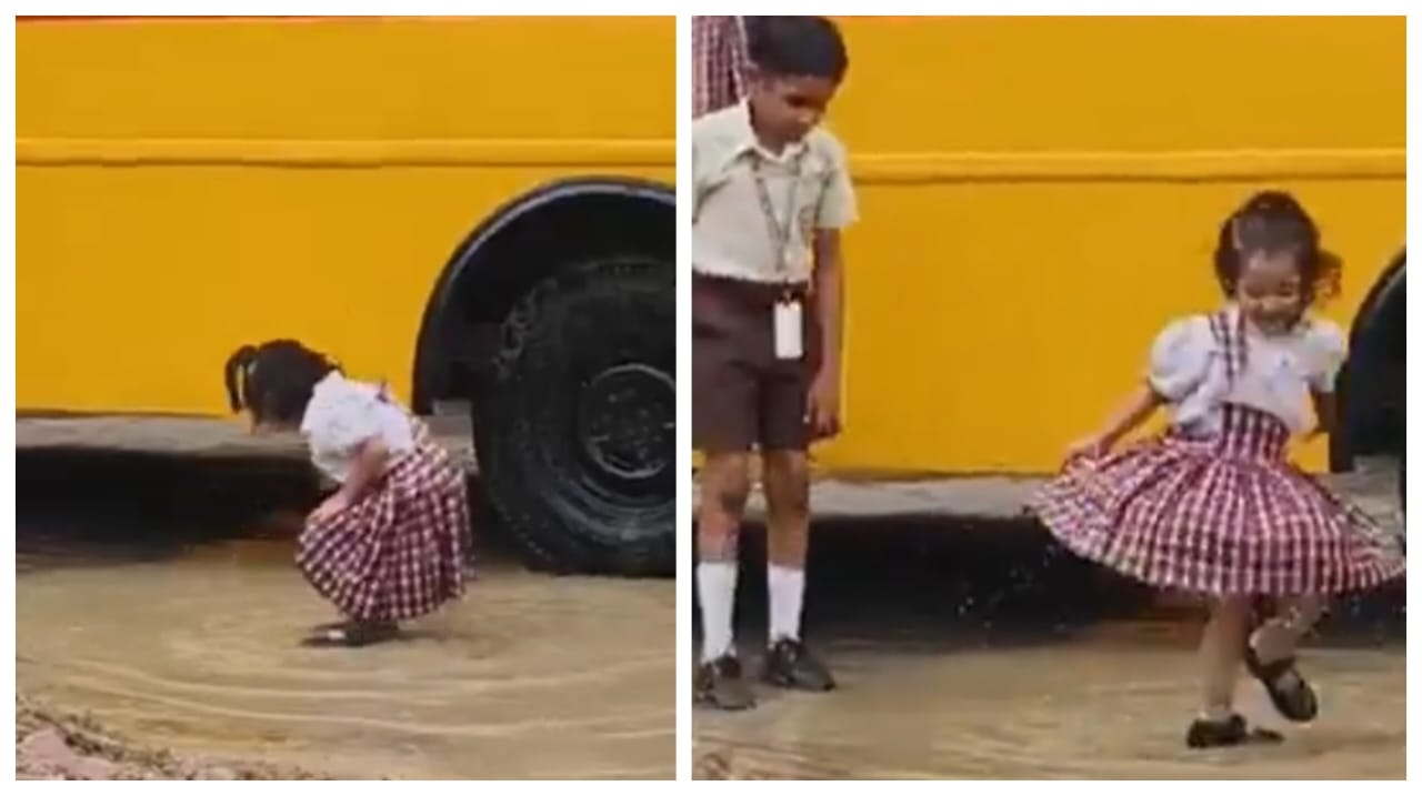 டிரஸ் நனைந்தா என்ன சகதியானா என்ன..? “ஸ்கூல் பஸ் அருகே சேற்றில் குதித்து விளையாடிய மாணவி”… குட்டி தேவதையின் க்யூட் ஆட்டம்… கலக்கல் வீடியோ..!