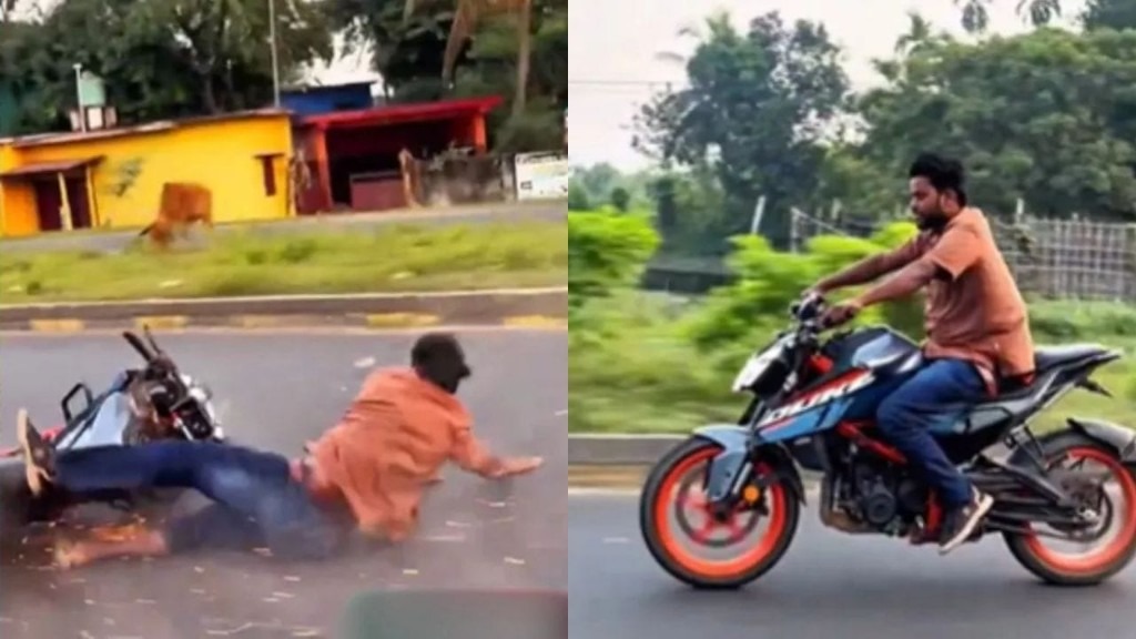 அடப்பாவி..! இது என்ன சினிமாவா..? கெத்து காட்ட நினைத்து நடுரோட்டில் பல்பு வாங்கிய வாலிபர்.. விட்டா உயிரே போயிருக்கும்… பைக் சாகசத்தில் பந்தா காட்டி இப்படி கவுந்துட்டியே..? அதிர்ச்சி வீடியோ..!!!