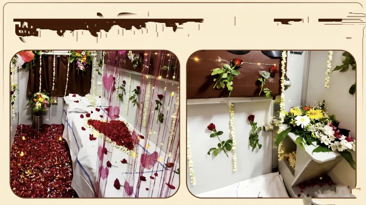 “இது என்ன கல்யாண மண்டபமா..? இல்ல ரயிலா…?” முதல் வகுப்பு ஏசி பெட்டியை அலங்காரம் செய்த தம்பதி…. சமூக வலைதளங்களில் வைரலான வீடியோவால் சிக்கிய ரயில்வே ஊழியர்….!!
