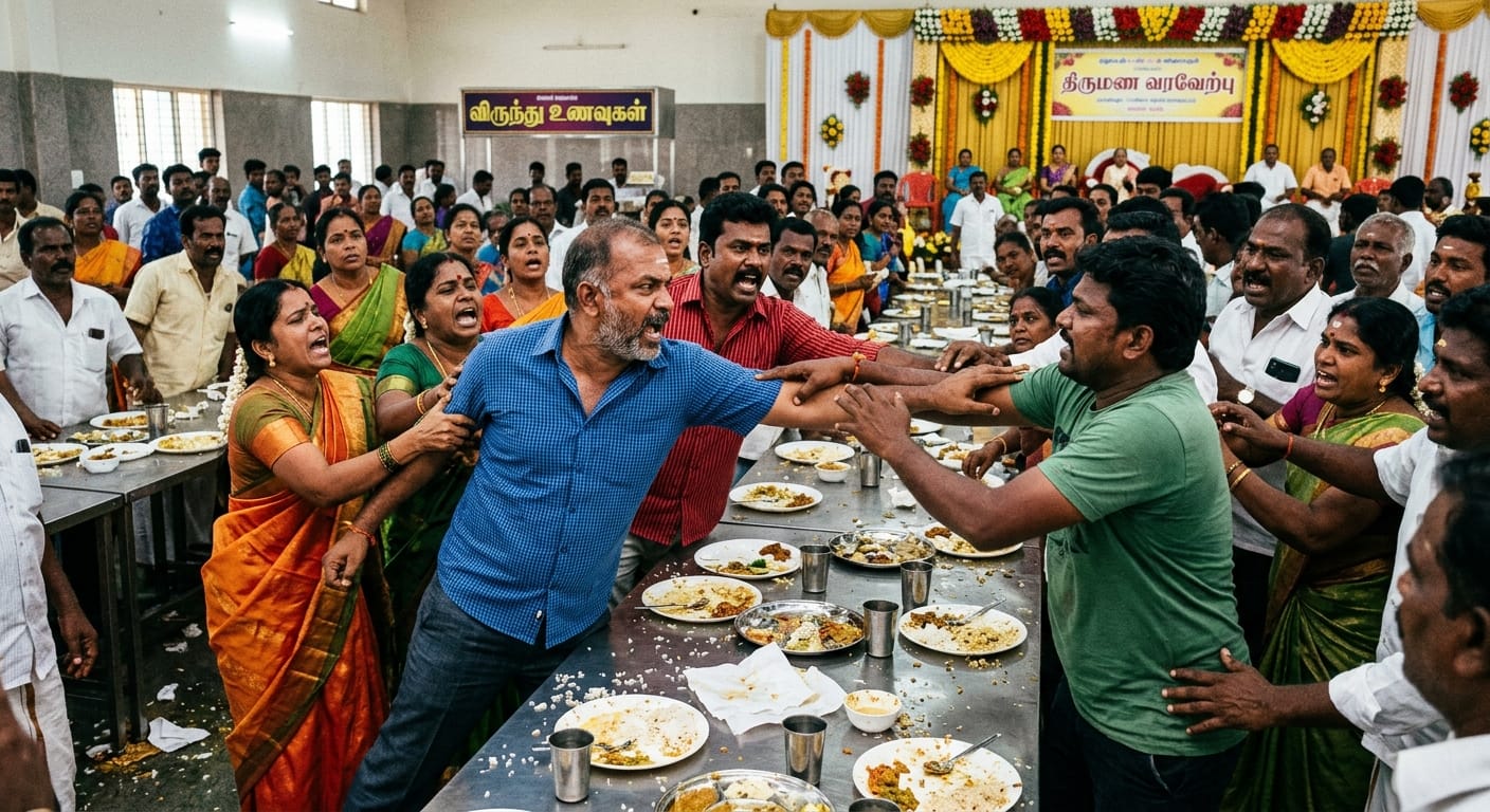 சாப்பாட்டு விஷயத்துல கை வச்சா சும்மா விடுவாங்களா…? மட்டன்னு சொல்லிட்டு சிக்கன் போடுறதா..? கலவரம் ஆன கல்யாண வீடு… மாறி மாறி அடித்துகொண்ட திருமண வீட்டார்…!!!