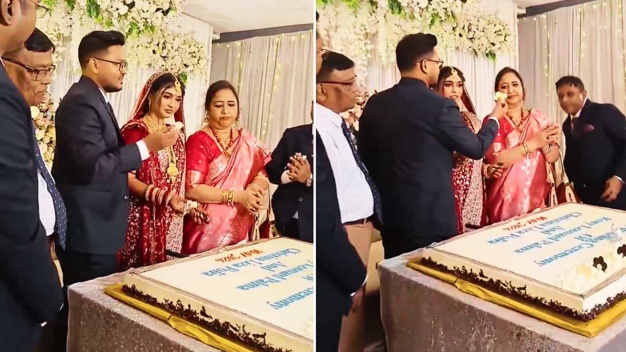 கல்யாண மேடையில் ட்விஸ்ட்.. மணமகளை விட்டுட்டு அம்மாவுக்கு கேக் ஊட்டிய மாப்பிள்ளை… இணையத்தில் வெடித்த ‘மகா விவாதம்’…!
