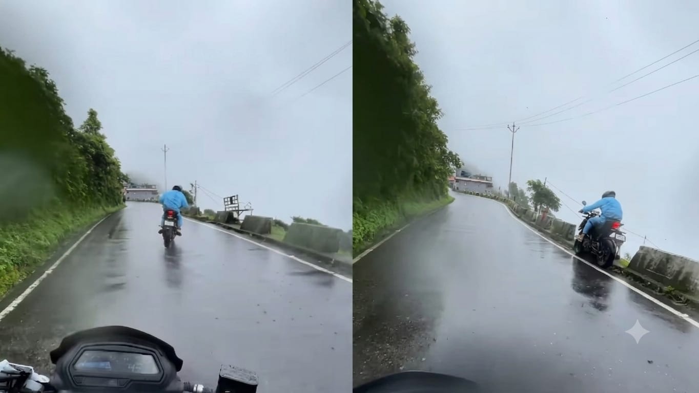 மரண வாசலில் சிக்கிய பைக்கர்..! இயற்கையின் அழகை ரசித்தபடி நொடிப்பொழுதில் உயிர் போகும் அபாயம்.. பயப்படாமல் துணிச்சலாக… திக் திக் வீடியோ…!!