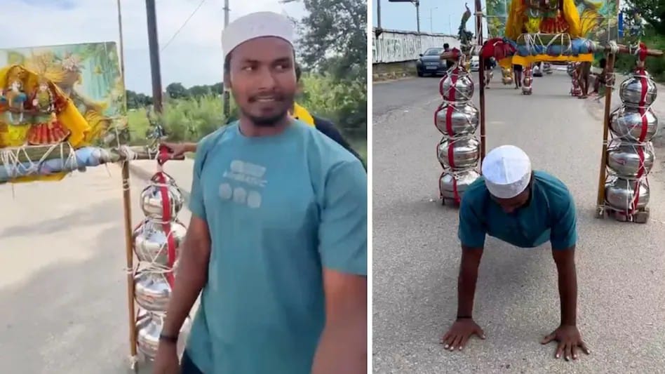 வேற லெவல் சம்பவம்…! 201 லிட்டர் கங்கை நீரை தோளில் சுமந்தபடி சிவன் நாமத்தை உச்சரித்து காவடி எடுக்கும் முஸ்லிம் வாலிபர்… இந்து இஸ்லாமிய ஒற்றுமைக்கு மெகா சான்று… ஆச்சரிய வீடியோ…!!