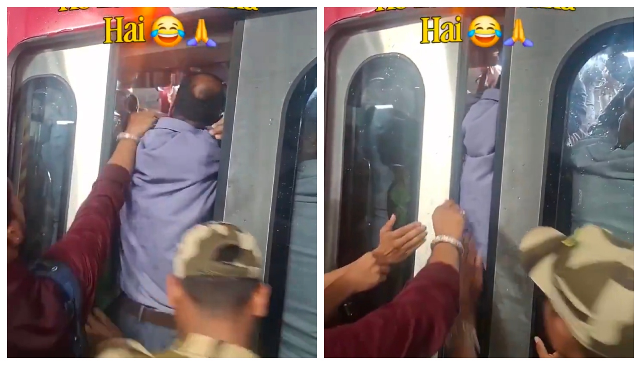 “அட என்னப்பா இது… ஒருத்தரால மொத்த ரயிலுமே  நிக்குது…. அதிகாரிகள் தள்ளியும் இறங்க மறுத்த பயணியின் வைரல் வீடியோ…!!!