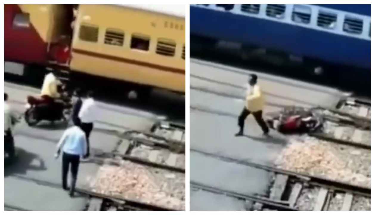 “கேட் போட்டா நில்லுங்கடா!” தண்டவாளத்துல இருந்து ஓடிய நபர்.. பைக்கை துண்டு துண்டாக்கிய ரயில்.. பதற வைக்கும் காட்சி..!!”
