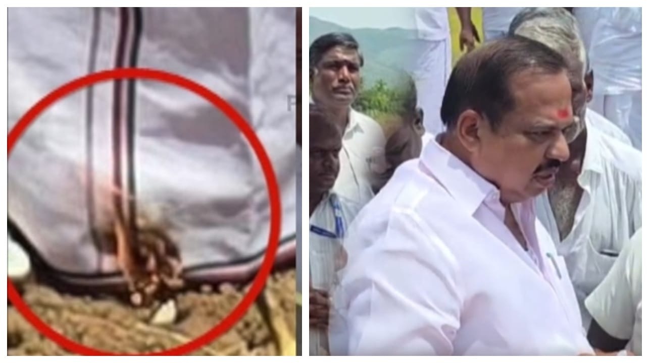 Breaking: பூமி பூஜை… அதிமுக எம்எல்ஏ அக்ரிகிருஷ்ணமூர்த்தி வேஷ்டியில் திடீரென பற்றிய தீ… அதிர்ஷ்டவசமாக தப்பிய உயிர்.. பரபரப்பு வீடியோ…!!!