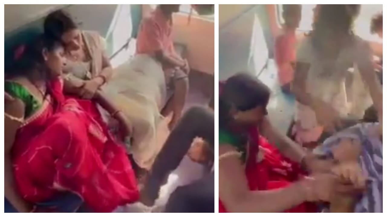 சேலை கட்டிய பெண்கள்..! ஓடும் ரயிலில் ஆழ்ந்த தூக்கம்… காலை வைத்து அந்த இடத்தில் தொட்ட வாலிபர்… பதறி அடித்து போய் வெளுத்து வாங்கிய சம்பவம்… வீடியோ வைரல்..!!