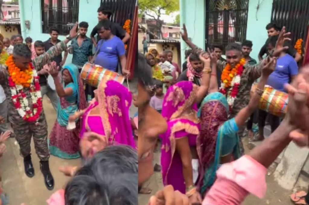கெத்தா வந்திறங்கிய ஆர்மிக்கார மகன்… ராணுவ சீருடையில் மகனை கண்டதும் ஆனந்த கண்ணீரில் குத்தாட்டம் போட்ட தாய்… நாட்டைக் காக்கும் சிங்கத்துக்கு ஊரே திரண்டு மரியாதை..!!