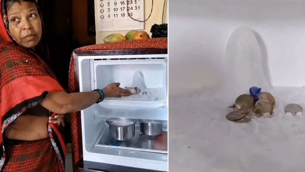 பிரிட்ஜுக்குள் உருவான பனி சிவலிங்கம்..! “வீட்டுக்கு குவியும் மக்கள்”… ஃப்ரீசரில் மினி பூஜை அறை… வைரலாகும் விசித்திர வீடியோ…!!