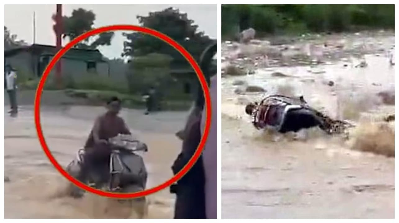 வெளுத்து வாங்கிய கனமழை..! சாலையில் ஆறாக ஓடிய வெள்ளம்… பைக்கில் சீறி பாய்ந்த நபர்… நொடிப்பொழுதில் எமனை சந்தித்த சம்பவம்… பதற வைக்கும் வீடியோ…!!