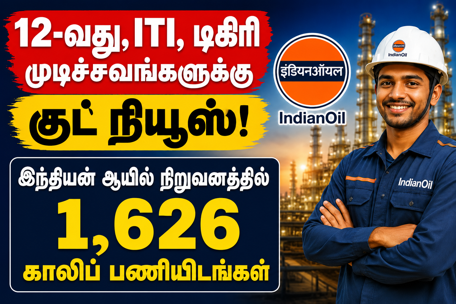 “12-வது, ITI, டிகிரி முடிச்சவங்களுக்கு குட் நியூஸ்” இந்தியன் ஆயில் நிறுவனத்தில் 1,626 காலிப்பணியிடங்கள்…. முழு விவரம் உள்ளே….!!