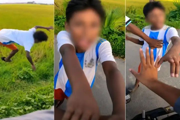 டேய்..! தம்பி வண்டியில கை வச்சா அவ்வளவுதான்… நடுரோட்டில் பணம் கேட்டு நச்சரித்த சிறுவன்.. வயலுக்குள் தூக்கி வீசிய பைக் ரைடர்… வைரலாகும் பகீர் வீடியோ…!!