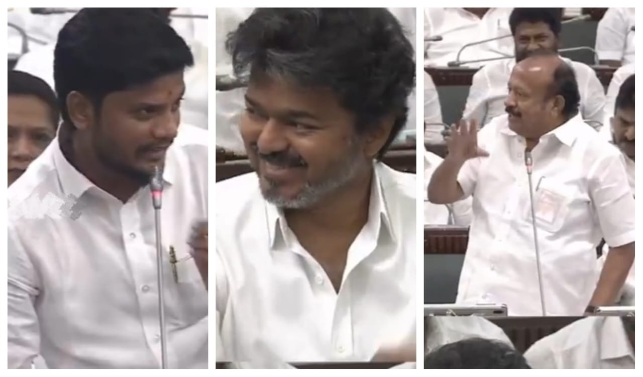 சாமி அமைச்சர்.. உண்மையா பொய்யான்னு தெரியாம ரீல்ஸ் கண்டெண்ட் எடுத்து விடுகிறார்…  எம்ஆர்கே பன்னீர்செல்வம் பேச பேச விழுந்து விழுந்து சிரித்த சி.எம் விஜய்… சட்டசபையில் ஒரே கலகலப்பு தான்… வீடியோ வைரல்..!