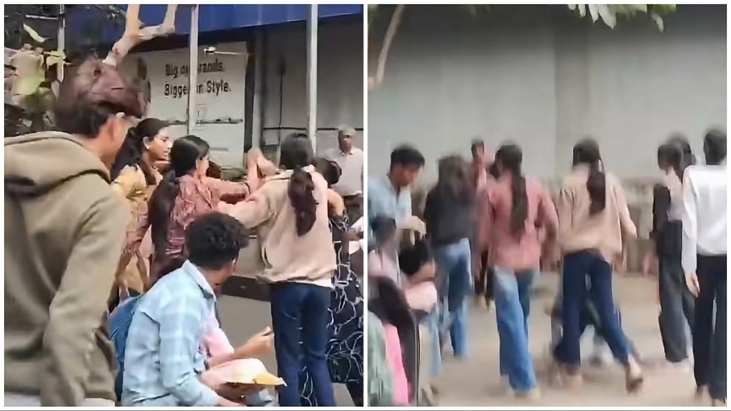 காலேஜ் பொண்ணுங்களா இல்ல ரவுடிகளா..? “கல்லூரி வாசலிலேயே வெடித்த பயங்கரம்”… ரெண்டு டீமா பிரிஞ்சி நடுரோட்டில் குடுமிபிடி சண்டை… அதிர்ச்சி வீடியோ..!