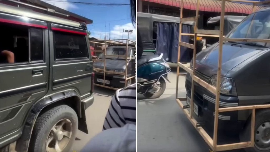 இதுதாங்க கார் ஹெல்மெட்… இனி யாரும் என் வண்டியை டேமேஜ் பண்ண முடியாது… மரக்கூண்டோடு வலம் வந்த கார்… நெட்டிசன்களை வாயடைக்க வைத்த வீடியோ…!!