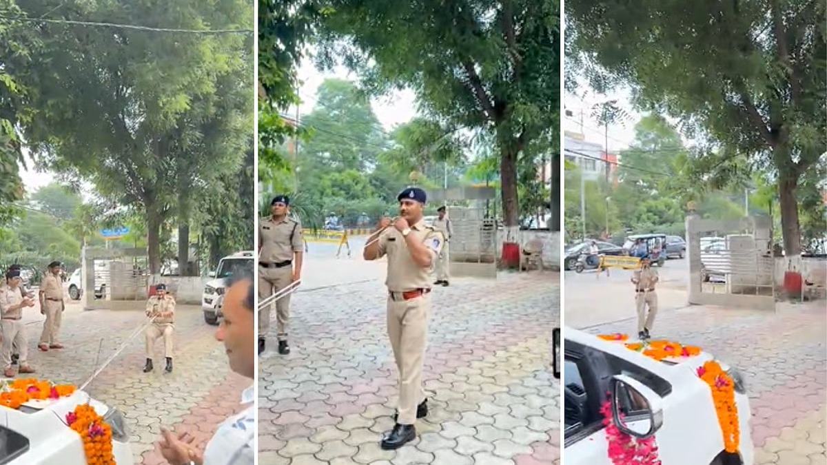 வெறித்தனம்..! வேற லெவல் பிரியாவிடை… ஐஜி காரை பற்களால் இழுத்து வித்தை காட்டிய பாகுபலி போலீஸ்… டிரெண்டாகும் வீடியோ…!!