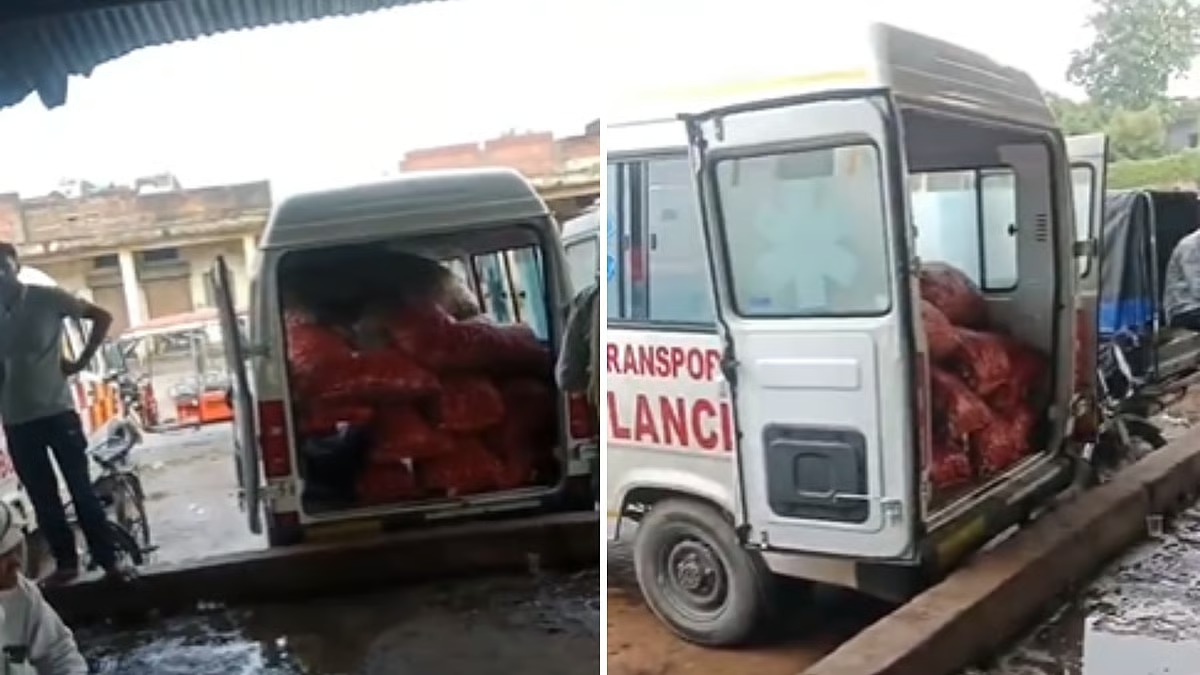 இது லோடு வண்டியா இல்ல ஆம்புலன்ஸா..? “அவசரகால உயிர் காக்கும் வாகனத்தில் சந்தைக்கு வந்த வெங்காய மூட்டைகள்”… கொந்தளிப்பை ஏற்படுத்திய சம்பவம்…!!
