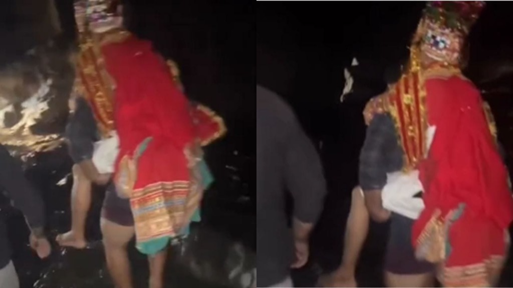 “இப்பதான் கல்யாணம் முடிஞ்சு இருக்கு”… அதுக்குள்ள இப்படி ஆகிட்டே..? ஒரே நாள் ராத்திரியில் தலைகீழாக புரட்டி போட்ட சம்பவம்… தன் உயிரை பணயம் வைத்து மணமகனை தோளில் சுமந்து உயிரை காத்த கிராமவாசி… வீடியோ வைரல்..!
