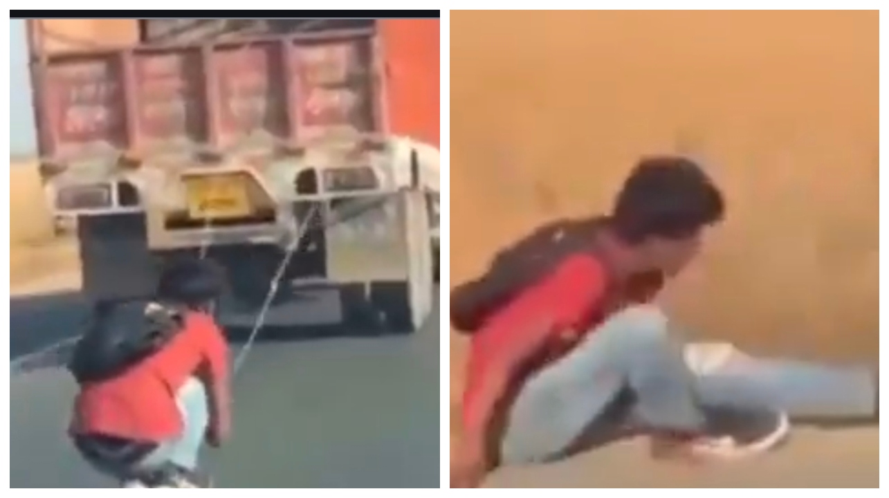 “இதே வேலையா போச்சு…. ஓடும் லாரிக்கு பின்னாடி கயிறு கட்டி ஸ்டண்டா….? நொடிப் பொழுதில் நடந்த பயங்கரம்…. ரீல்ஸ் வெறியால் அரங்கேறிய விபரீத வீடியோ….!!!
