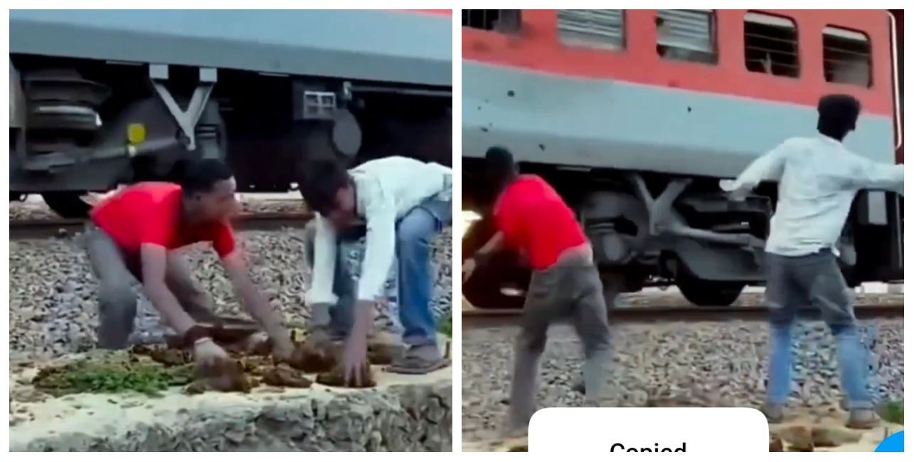 “எவ்வளவு திமிராடா உங்களுக்கு….!” வேகமா போன ரயில் மீது மாட்டுச் சாணம் எறிந்த கும்பல்…. வாலிபர்களின் கொடூர விளையாட்டு… நெட்டிசன்கள் கடும் கொந்தளிப்பு…. அதிர்ச்சி வீடியோ….!!
